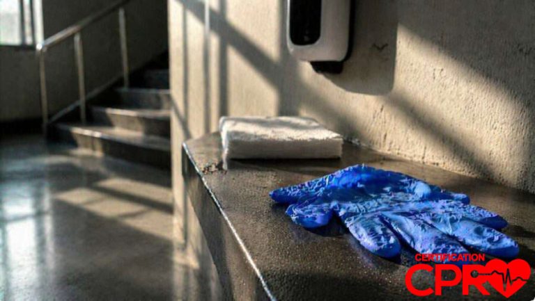 CPR training gloves and mask on a training station in Nashville.