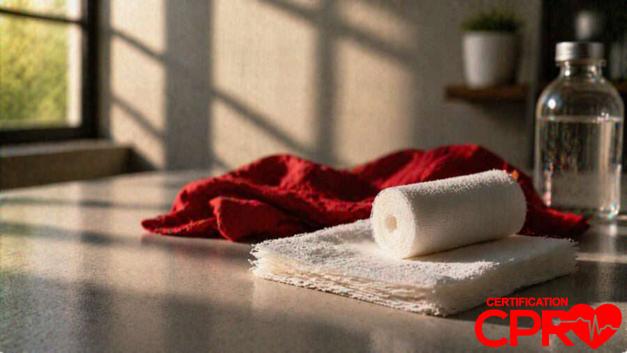 CPR certification training supplies in Nashville, including a roll of gauze and first aid essentials.