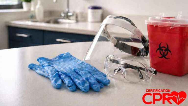 CPR training supplies including gloves, goggles, and biohazard container in Nashville.
